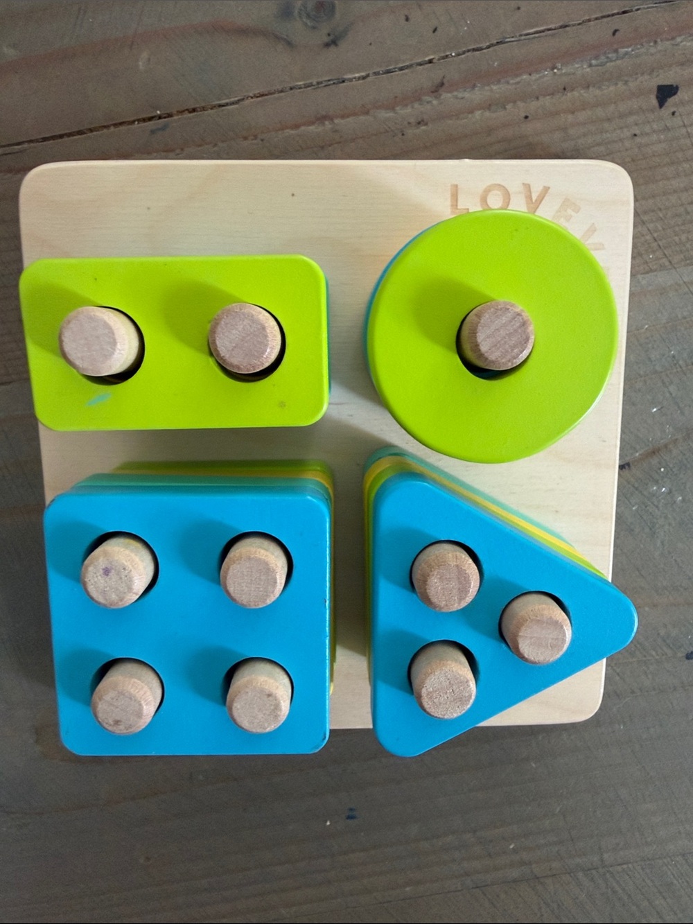 Lovevery Wooden Shape Sorter - Blue & Lime Stackable Blocks